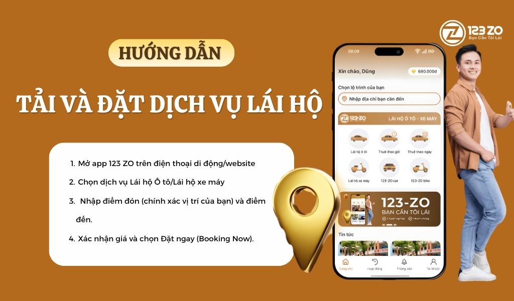 Hướng dẫn 4 bước tải và đặt dịch vụ lái hộ 123 ZO trên ứng dụng điện thoại, có hình ảnh giao diện app và tài xế.Hướng dẫn chi tiết cách tải và đặt dịch vụ Lái xe hộ 123 ZO nhanh chóng chỉ với 4 bước đơn giản.