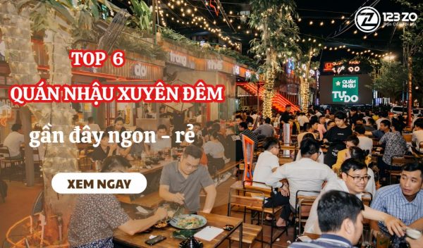 Banner quảng cáo Top 6 Quán Nhậu Xuyên Đêm ngon, rẻ, hình ảnh quán đông đúc, vui vẻ.