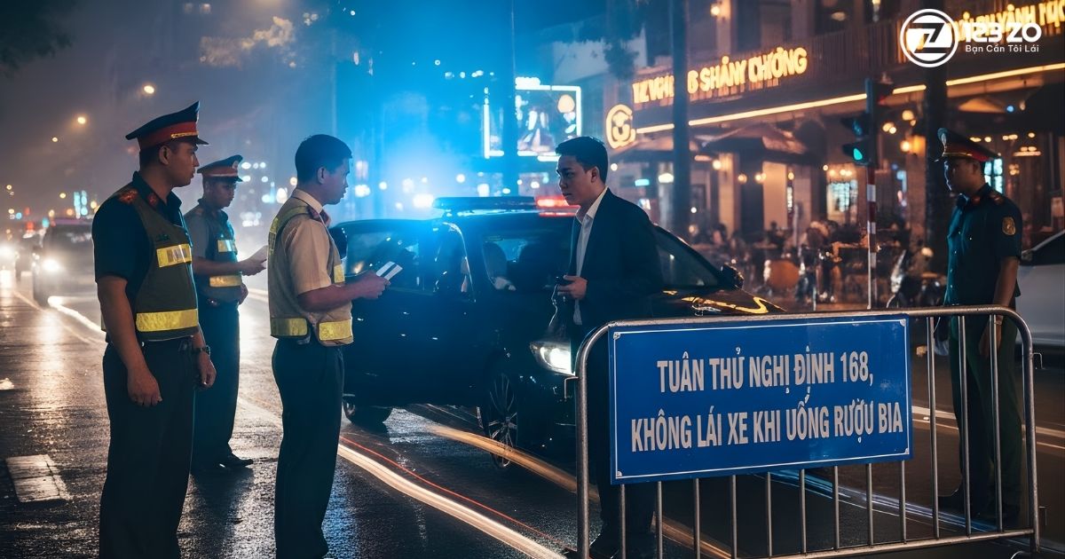 Cảnh sát giao thông kiểm tra nồng độ cồn, biển báo "Tuân thủ Nghị định 168, không lái xe khi uống rượu bia" - Lý do cần dịch vụ lái hộ.
