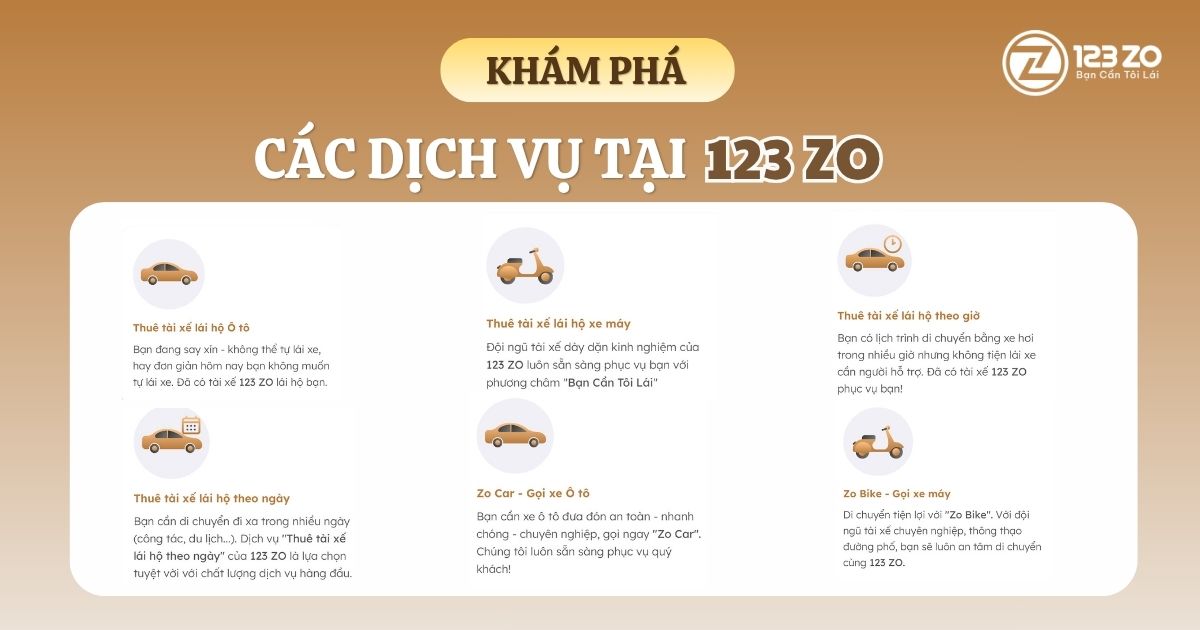 Các dịch vụ lái xe hộ của 123ZO: Lái hộ ô tô, Lái hộ xe máy, Lái hộ theo giờ, Thuê lái hộ theo ngày, Zo Car, Zo Bike.
