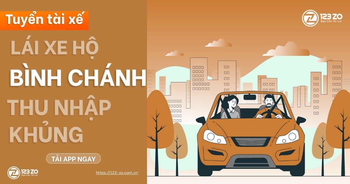 Công việc lái hộ Bình Chánh tuyển tài xế với tiêu đề 'Thu nhập Khủng'. Hình ảnh minh họa một tài xế và khách hàng đang ngồi trong ô tô.