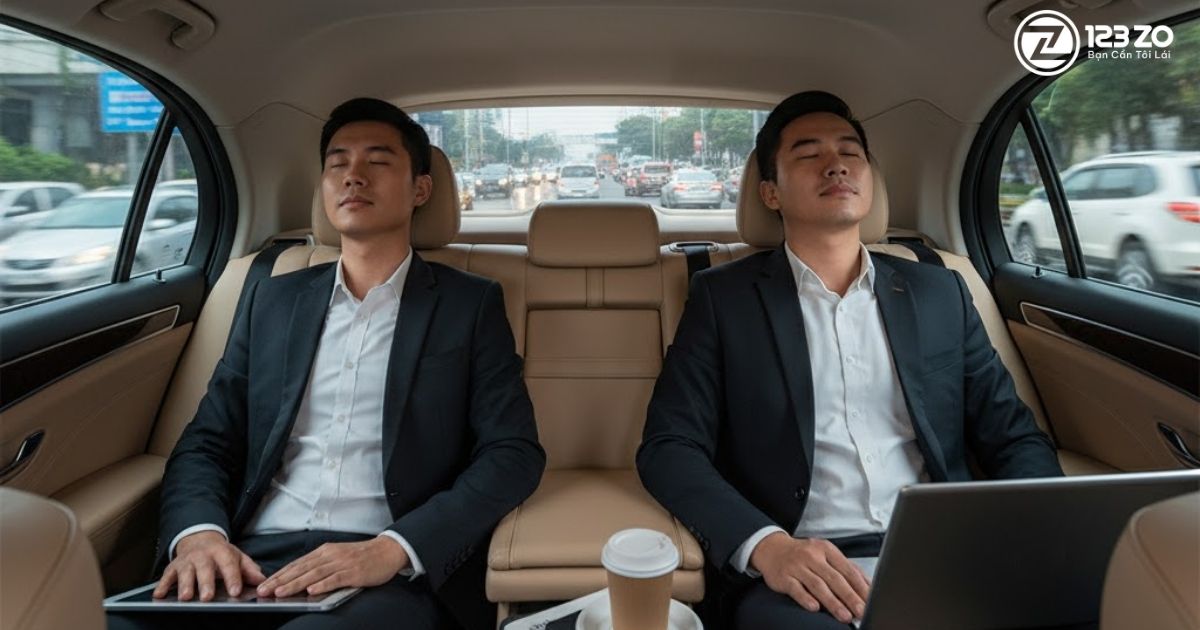 Hai khách hàng nam mặc vest ngủ/thư giãn trên ghế sau ô tô, cho thấy sự an tâm khi sử dụng dịch vụ lái xe hộ 123 ZO.