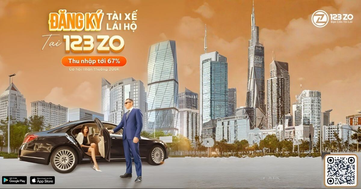 Quảng cáo đăng ký tài xế lái hộ tại 123ZO, với cam kết "Thu nhập tới 67%" và "Cơ hội nhận thưởng 200K". Hình ảnh một tài xế nam mặc vest lịch sự mở cửa xe cho khách hàng nữ, với phông nền là các tòa nhà chọc trời.