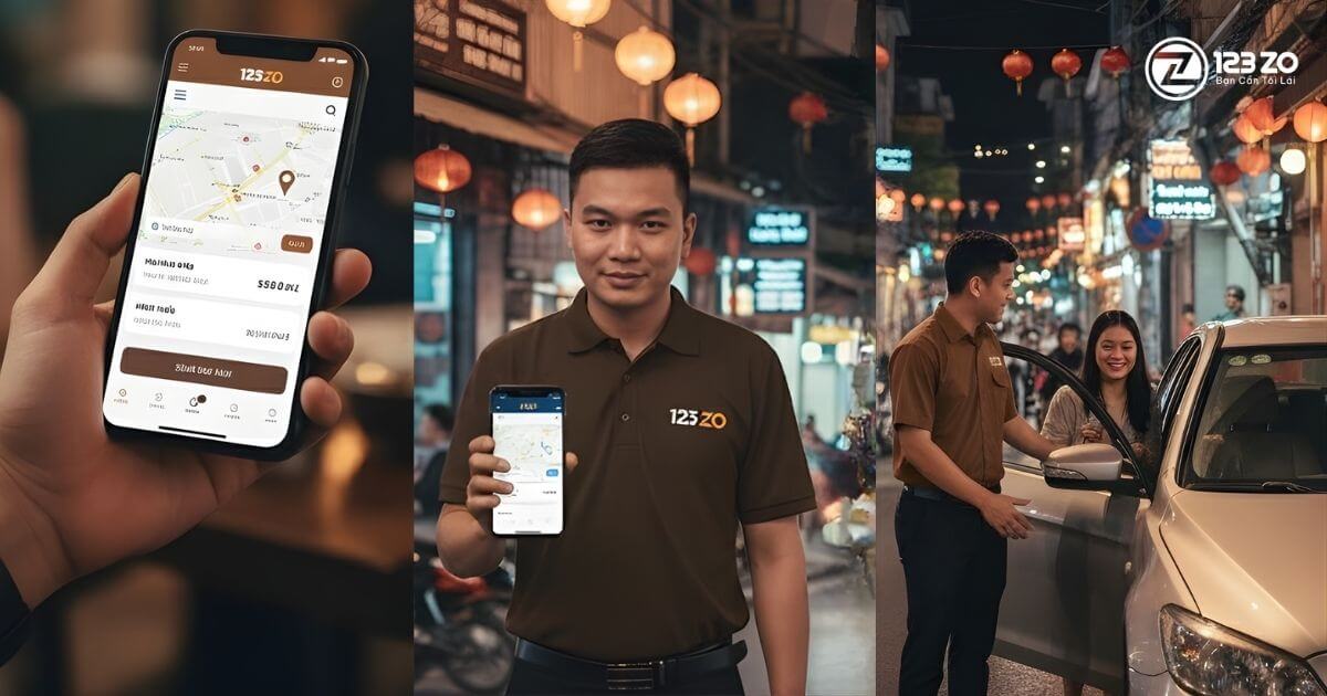 Người dùng đặt xe trên ứng dụng di động, tài xế 123ZO cầm điện thoại hiển thị ứng dụng đối tác, và tài xế mở cửa xe đón khách.