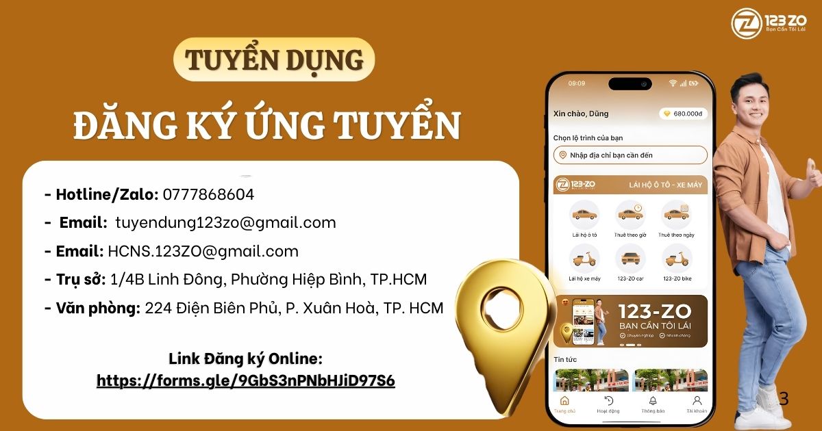Banner tuyển dụng và đăng ký việ làm lái xe hộ Hóc Môn. Cung cấp Hotline, Email, địa chỉ trụ sở/văn phòng và link đăng ký online. Góc phải là giao diện ứng dụng 123 ZO.