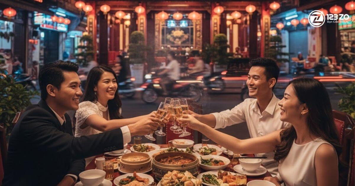 Nhóm bạn trẻ vui vẻ nâng ly chúc mừng trong buổi tiệc tối tại nhà hàng với nhiều món ăn hấp dẫn.