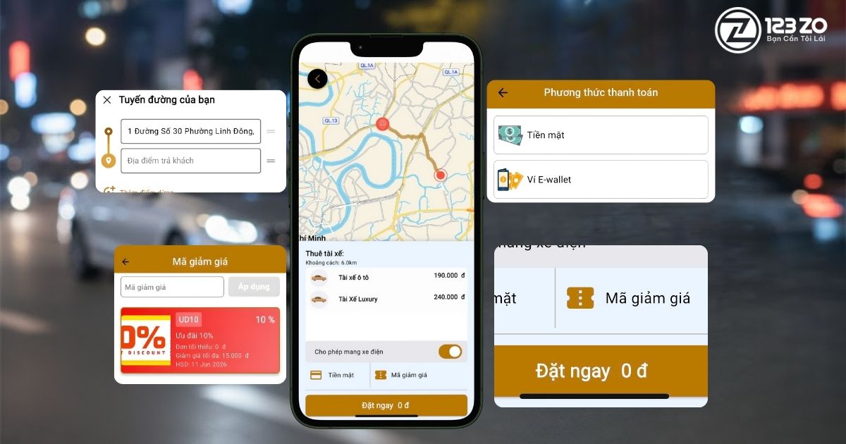 Dịch vụ Lái Xe Hộ Quận 3 - An Toàn Tối Ưu cho Mọi Hành Trình 4 Giao diện ứng dụng 123 ZO hiển thị các tính năng chính: nhập tuyến đường, bản đồ theo dõi, xem giá cước, chọn phương thức thanh toán và áp dụng mã giảm giá.