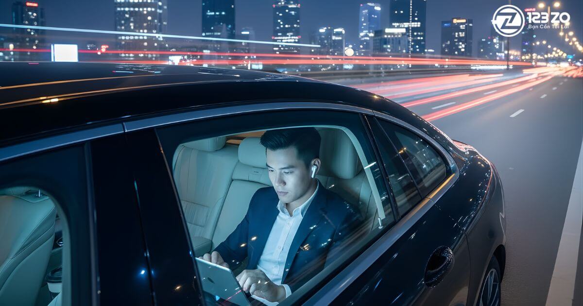 Khách hàng nam làm việc với máy tính bảng, thư giãn ở ghế sau xe ô tô sang trọng di chuyển trên đường phố về đêm.