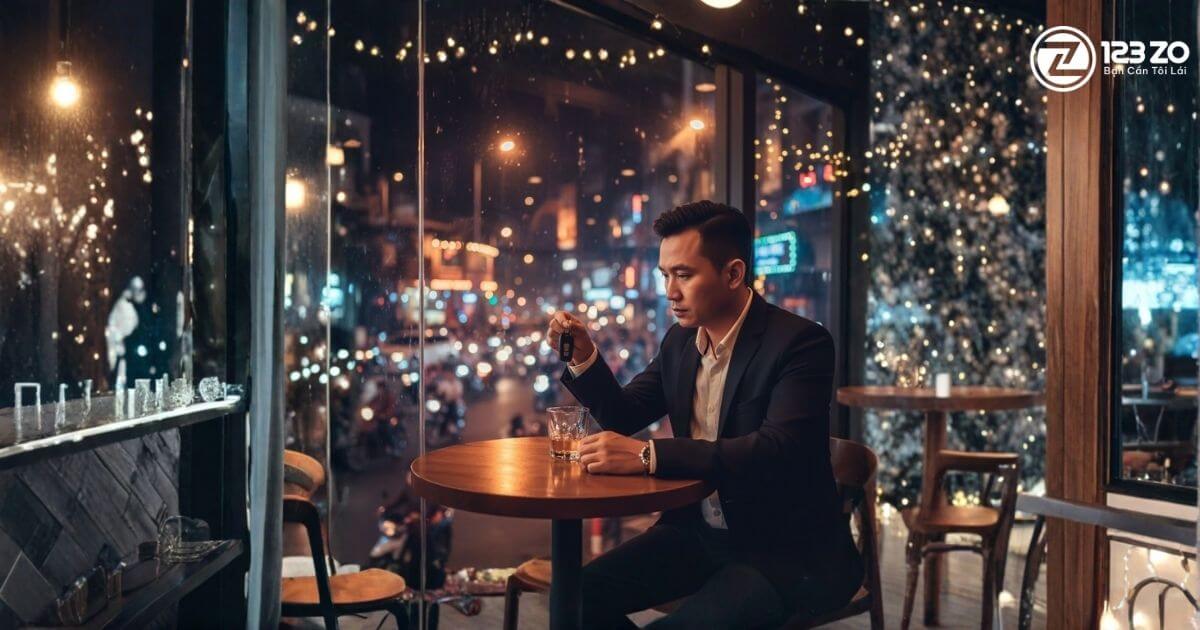 Dịch vụ Lái Xe Hộ Quận 3 - An Toàn Tối Ưu cho Mọi Hành Trình 3 Một người đàn ông mặc vest ngồi một mình trong quán bar, tay cầm chìa khóa ô tô và nhìn vào ly rượu trên bàn, thể hiện sự băn khoăn.
