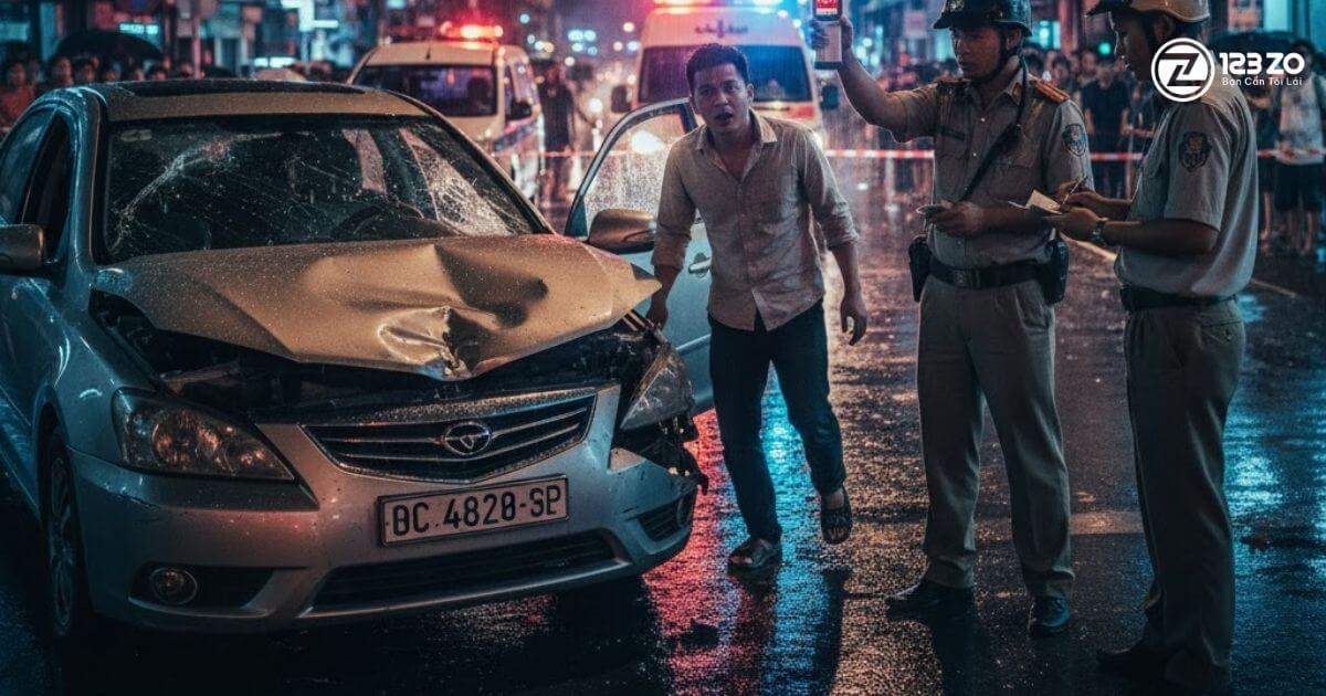 Hình ảnh tai nạn giao thông nghiêm trọng, xe ô tô bị hư hỏng nặng, người đàn ông hoảng sợ, có cảnh sát giao thông tại hiện trường.