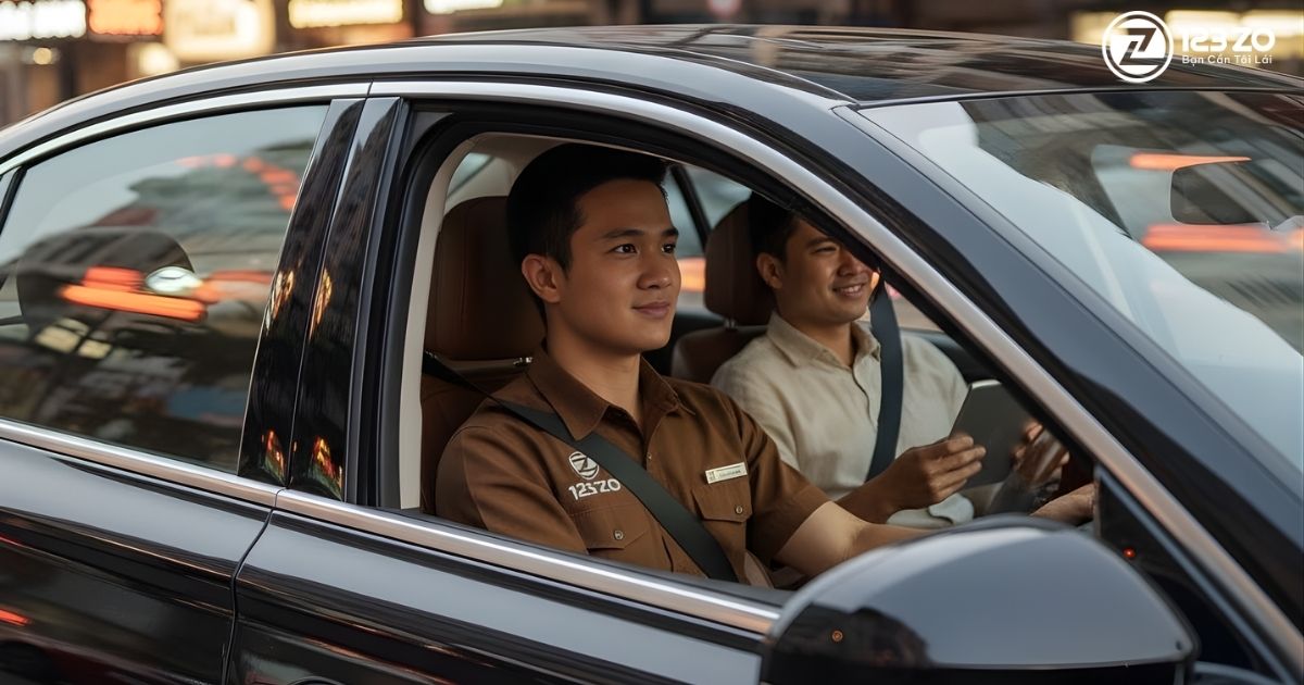 Dịch vụ Lái Xe Hộ Quận 3 - An Toàn Tối Ưu cho Mọi Hành Trình 2 Tài xế 123 ZO mặc đồng phục màu nâu đang tập trung lái xe ô tô, phía sau là một hành khách nam đang mỉm cười và nhìn ra ngoài.
