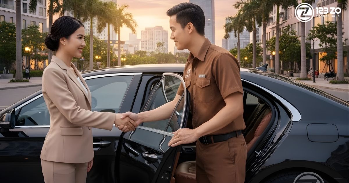Tài xế 123 ZO mặc đồng phục lịch sự bắt tay chào đón khách hàng nữ trong môi trường đô thị.