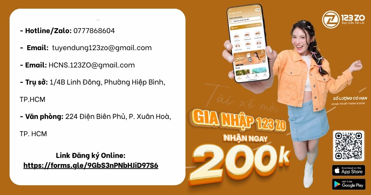 Thông tin liên hệ và đăng ký tuyển dụng tài xế lái xe hộ tại Quận 9. Bao gồm Hotline/Zalo, Email, địa chỉ Trụ sở và Văn phòng tại TP.HCM, Link Đăng ký Online, và ưu đãi 200k cho tài xế mới.