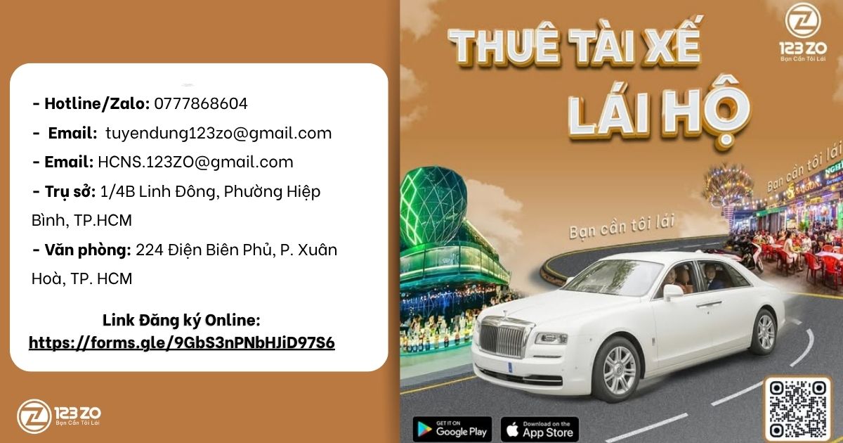 Hình ảnh quảng cáo dịch vụ "THUÊ TÀI XẾ LÁI HỘ" của 123 ZO. Bên trái là thông tin liên hệ chi tiết: Hotline/Zalo, Email tuyển dụng và trụ sở/văn phòng làm việc. Bên phải là hình minh họa xe Rolls-Royce sang trọng