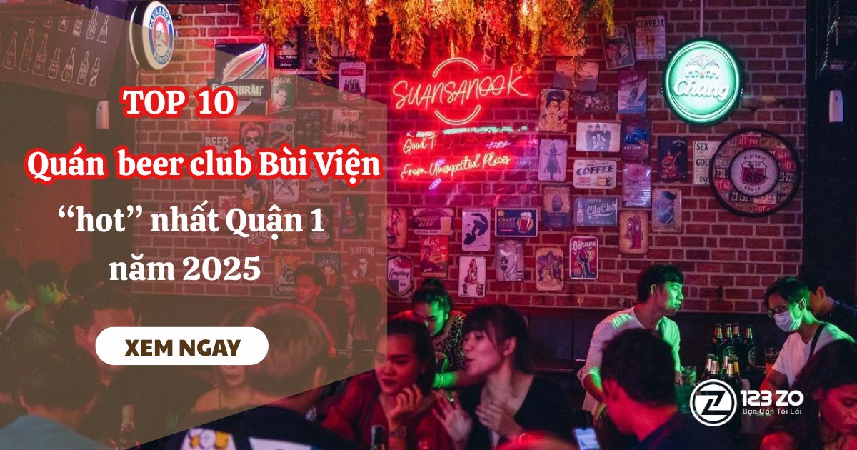 Top 10 quán nhậu, beer club Bùi Viện “hot” nhất Quận 1 2025 1 Hình ảnh cắt ghép về một quán beer club với biển hiệu neon "SUANSANGOOK" và nền gạch đỏ, có dòng chữ tiếng Việt "TOP 10 Quán beer club Bùi Viện 'hot' nhất Quận 1 năm 2025".