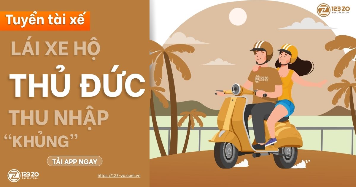 123 ZO Tuyển Tài Xế Lái Xe Hộ Thủ Đức – Thu Nhập Khủng 1 Hình ảnh quảng cáo dịch vụ lái xe hộ xe máy chuyên nghiệp của 123 ZO, tập trung vào khu vực Thủ Đức.