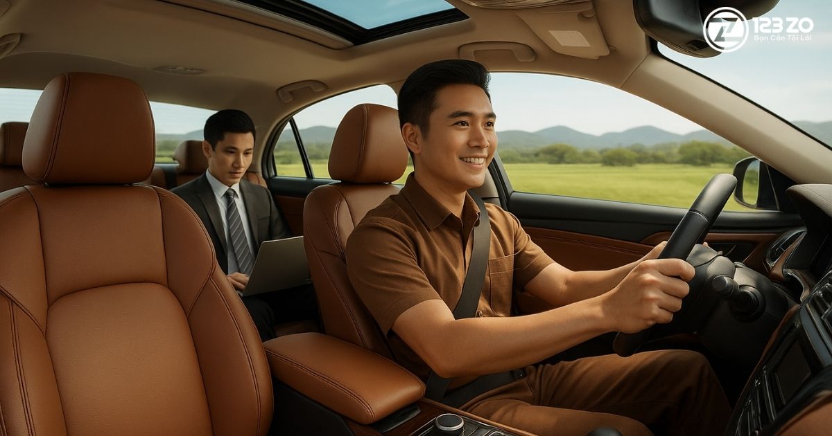 Hình ảnh một tài xế 123ZO đang lái xe ô tô, hành khách ngồi ở ghế sau tập trung làm việc, thể hiện sự thoải mái và chuyên nghiệp.