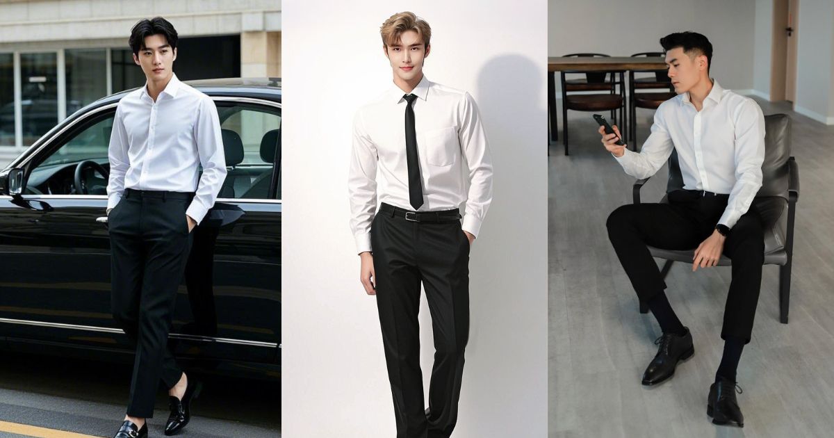 10 Outfit Phối Đồ Tết Cho Nam Được Ưa Chuộng Nhất Hiện Nay – Lịch Lãm, Cuốn Hút Và Chuẩn Xu Hướng 2025 2 Áo Sơ Mi Trắng + Quần Tây Đen – Phong Cách Thanh Lịch Đỉnh Nhất Mọi Mùa Tết (Ảnh: Sưu tầm Internet)
