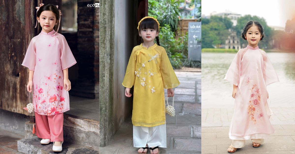 Gợi ý phối đồ Tết cho bé gái 2025 – Xinh xắn, dễ thương, lên hình cực đẹp 2 Áo dài cách tân họa tiết đào – mai (Ảnh: Sưu tầm Internet)