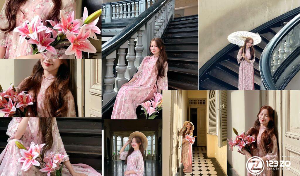 Bảo tàng Thành phố Hồ Chí Minh, một Địa Điểm Chụp Ảnh Áo Dài Tết 2026 Tại TP.HCM với cầu thang xoắn ốc và ban công đậm chất Pháp.