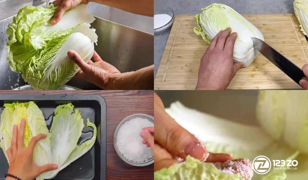 Bí quyết sơ chế cải thảo: rửa sạch, cắt khúc và xoa muối hạt vào từng kẽ lá để cải thảo có độ giòn và dai và cách làm kim chi cải thảo