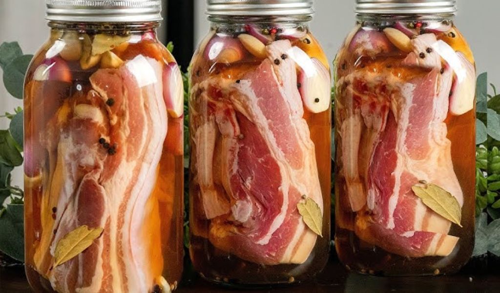 Thịt lợn đã luộc được xếp vào lọ thủy tinh và đổ nước mắm đã nấu vào.