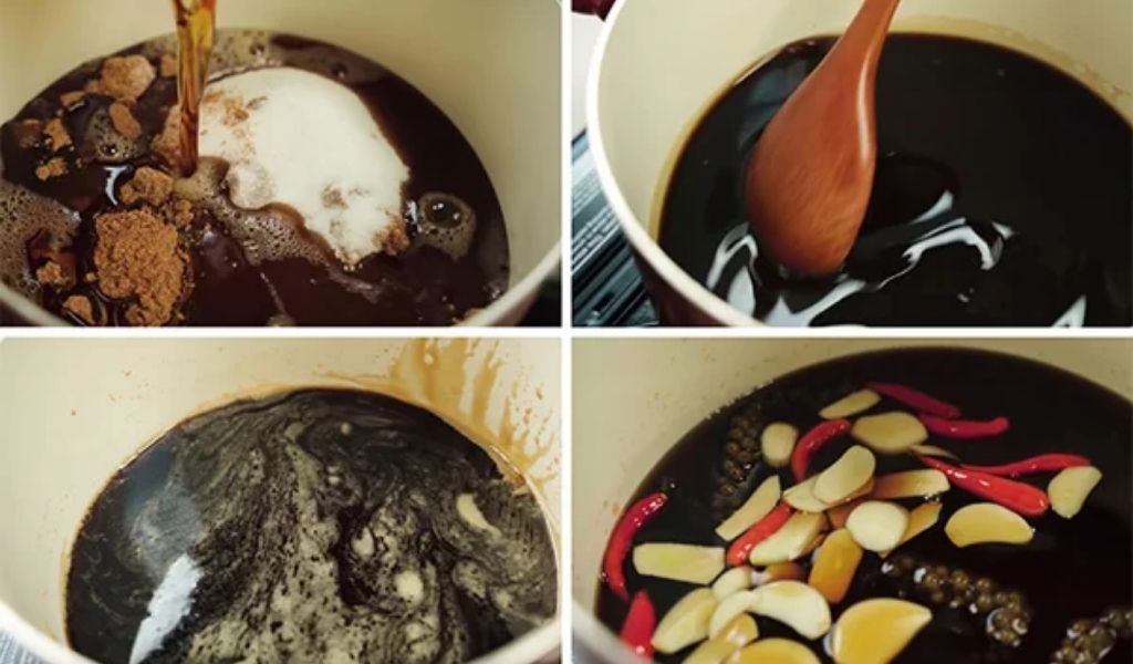 Quy trình nấu nước mắm ngâm với đường, dấm và gia vị.