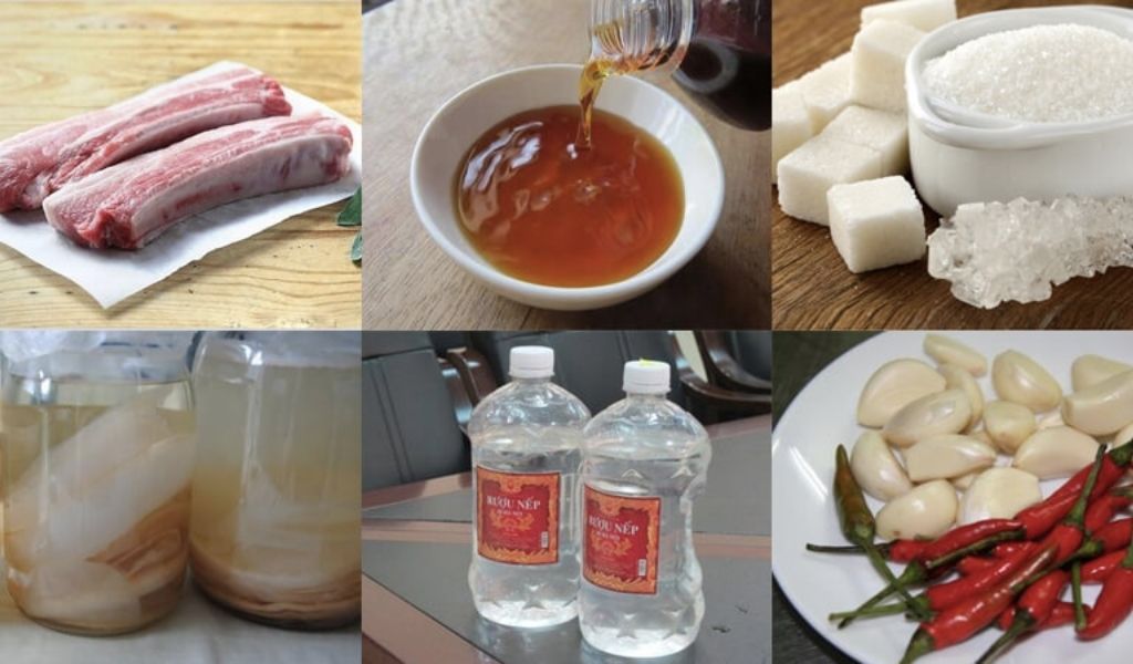 Các nguyên liệu cần thiết: Thịt lợn, nước mắm, đường, và rượu nếp.
