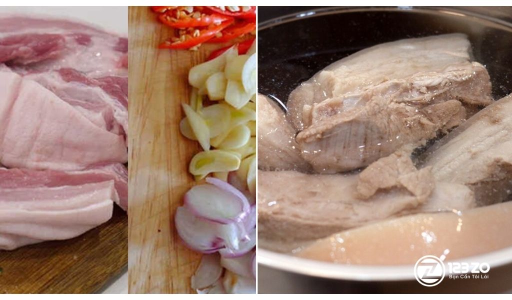 Sơ chế thịt lợn và luộc với tỏi, hành tây (hành tím) và ớt.