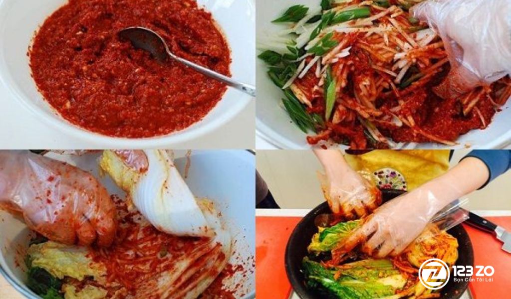 Các bước làm sốt và trộn gia vị kim chi, từ làm sốt đến phết sốt lên từng lá cải thảo.