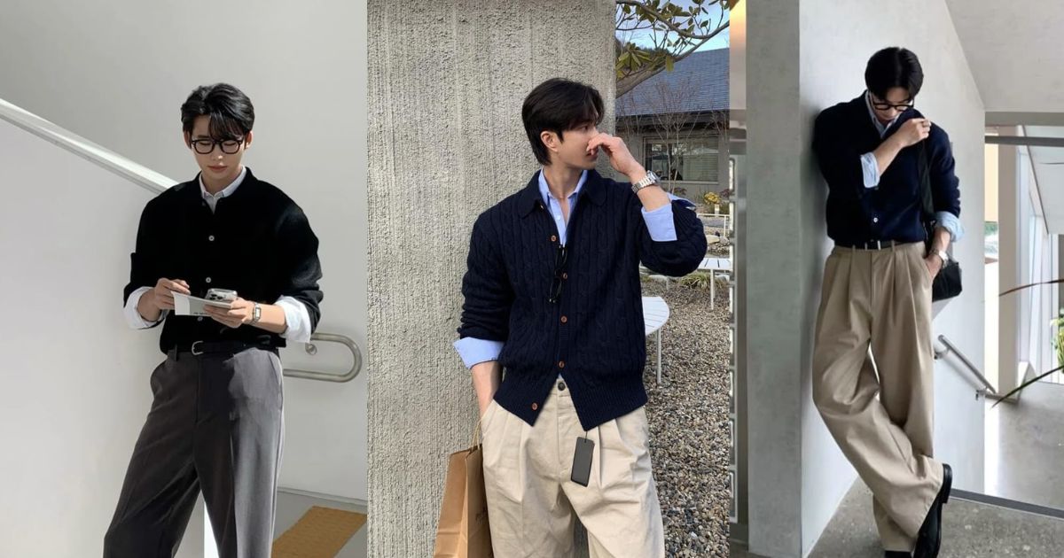 10 Outfit Phối Đồ Tết Cho Nam Được Ưa Chuộng Nhất Hiện Nay – Lịch Lãm, Cuốn Hút Và Chuẩn Xu Hướng 2025 11 Cardigan Nam + Quần Tây Dáng Suông – Phong Cách Hàn Quốc Thanh Lịch (Ảnh: Sưu tầm Internet)