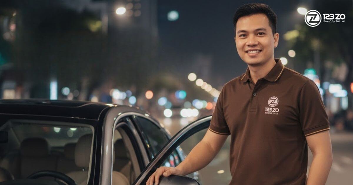 Hình ảnh một tài xế nam mặc đồng phục 123 ZO mỉm cười, đứng cạnh cửa ô tô vào ban đêm.