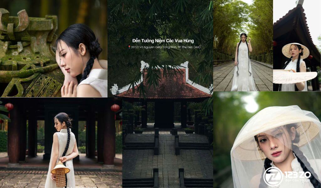 Đền tưởng niệm các vua Hùng, một Địa Điểm Chụp Ảnh Áo Dài Tết 2026 Tại TP.HCM trong không gian xanh mát của tre.