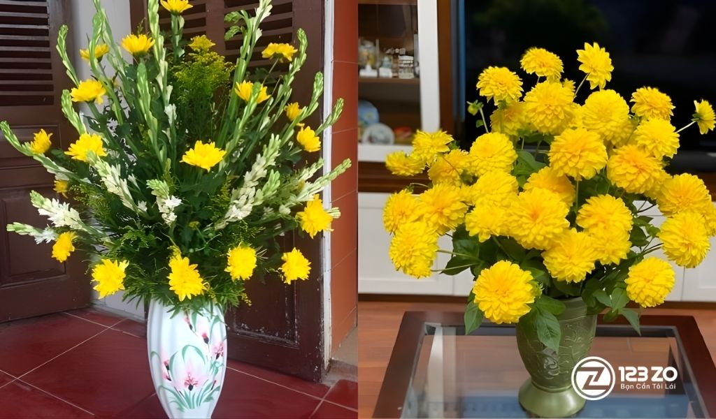 Hướng Dẫn 15 Cách Cắm hoa Ngày Tết Đẹp, Đơn Giản, Ai Cũng Làm Được 2 Hình ảnh hai bình Hoa Cúc Vàng. Hướng dẫn cách cắm hoa ngày Tết với hoa cúc (cắm cùng huệ hoặc cắm chùm tròn).