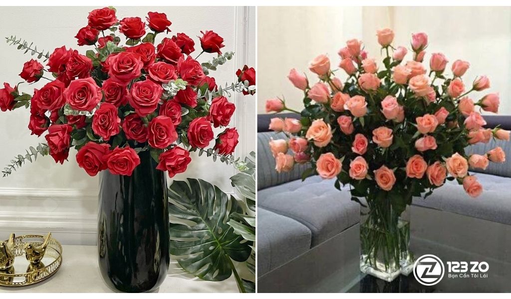 Hướng Dẫn 15 Cách Cắm hoa Ngày Tết Đẹp, Đơn Giản, Ai Cũng Làm Được 8 Hình ảnh hai bình Hoa Hồng (Đỏ và Hồng Đào). Hướng dẫn cách cắm hoa ngày Tết với hoa hồng cắm kiểu lãng mạn, viên mãn.