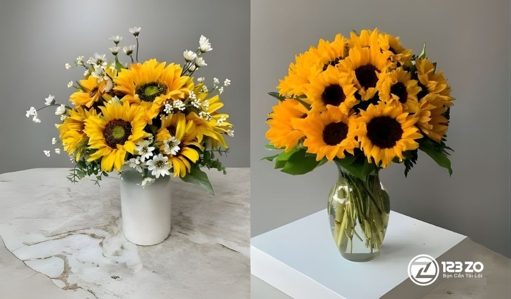Hướng Dẫn 15 Cách Cắm hoa Ngày Tết Đẹp, Đơn Giản, Ai Cũng Làm Được 9 Hình ảnh hai bình Hoa Hướng Dương rực rỡ. Hướng dẫn cách cắm hoa ngày Tết với hoa hướng dương (cắm chùm hoặc cắm xen).