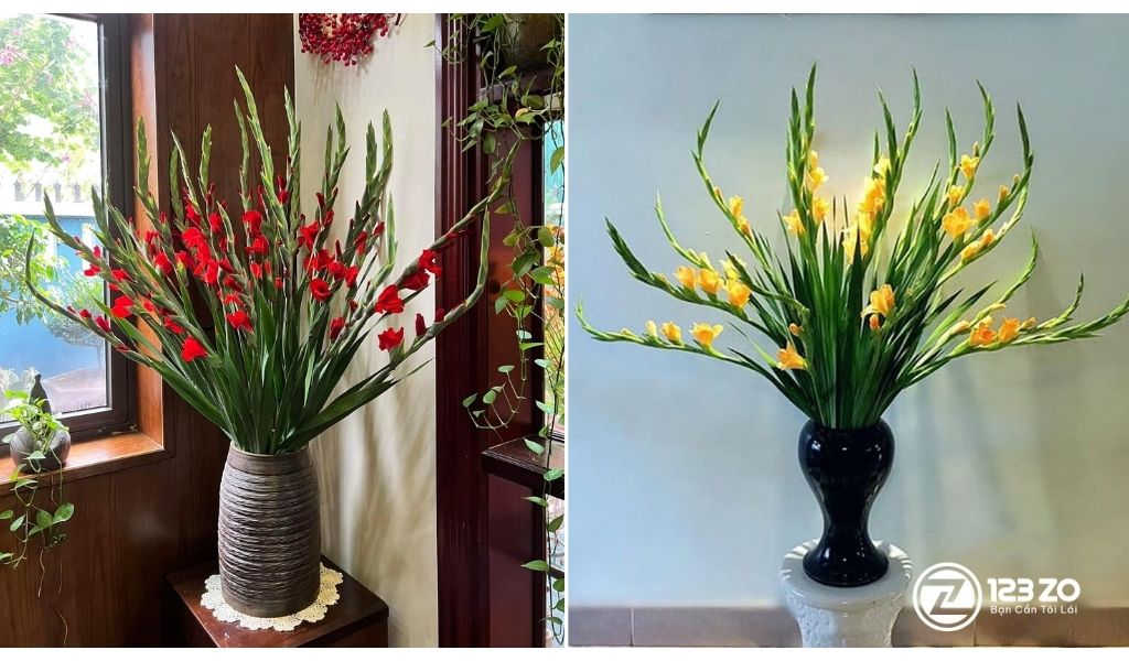 Hướng Dẫn 15 Cách Cắm hoa Ngày Tết Đẹp, Đơn Giản, Ai Cũng Làm Được 4 Hình ảnh hai bình Hoa Lay Ơn (Đỏ và Vàng). Hướng dẫn cách cắm hoa ngày Tết với hoa lay ơn cắm vươn cao, trang trọng.