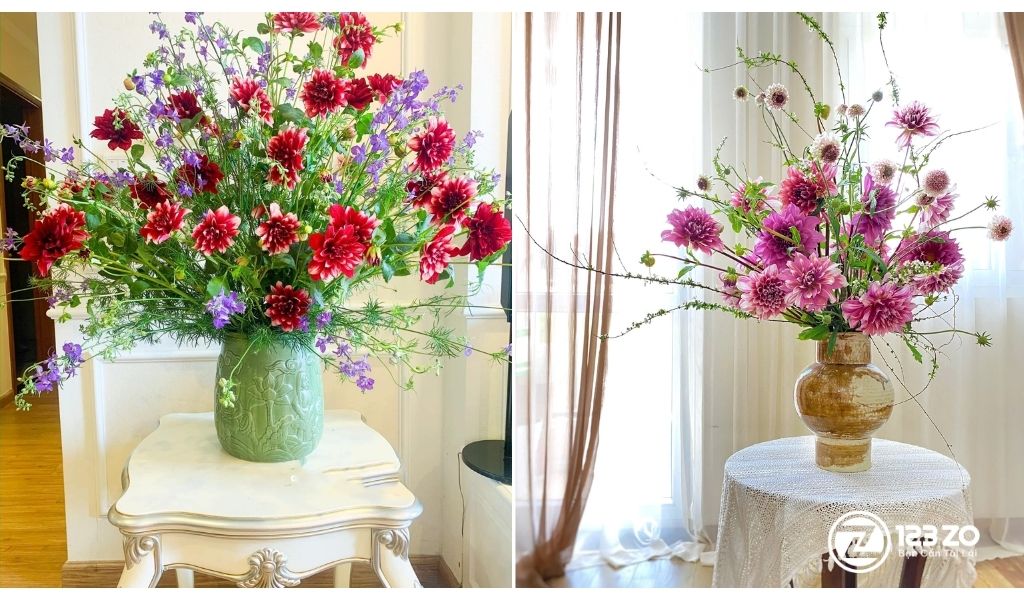 Hướng Dẫn 15 Cách Cắm hoa Ngày Tết Đẹp, Đơn Giản, Ai Cũng Làm Được 11 Hình ảnh hai bình Hoa Thược Dược tông đỏ tía và hồng tím. Hướng dẫn cách cắm hoa ngày Tết với hoa thược dược cắm tự nhiên.