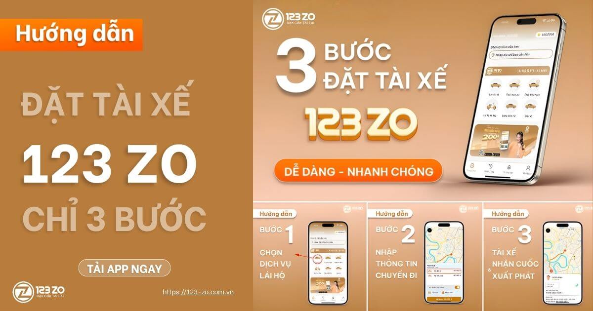 Hình ảnh hướng dẫn 3 bước đơn giản để đặt tài xế lái hộ 123 ZO qua ứng dụng di động: Chọn dịch vụ, Nhập thông tin chuyến đi, Tài xế nhận cuốc và xuất phát.
