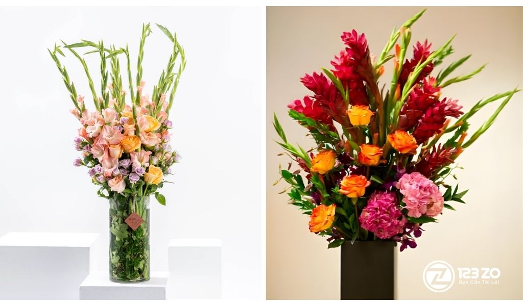 Hướng Dẫn 15 Cách Cắm hoa Ngày Tết Đẹp, Đơn Giản, Ai Cũng Làm Được 13 Hình ảnh hai bình hoa mix nhiều loại: Lay Ơn, Hồng, Cúc, Lan Chi. Hướng dẫn cách cắm hoa ngày Tết với hoa mix màu nóng (Đỏ, Cam, Hồng).