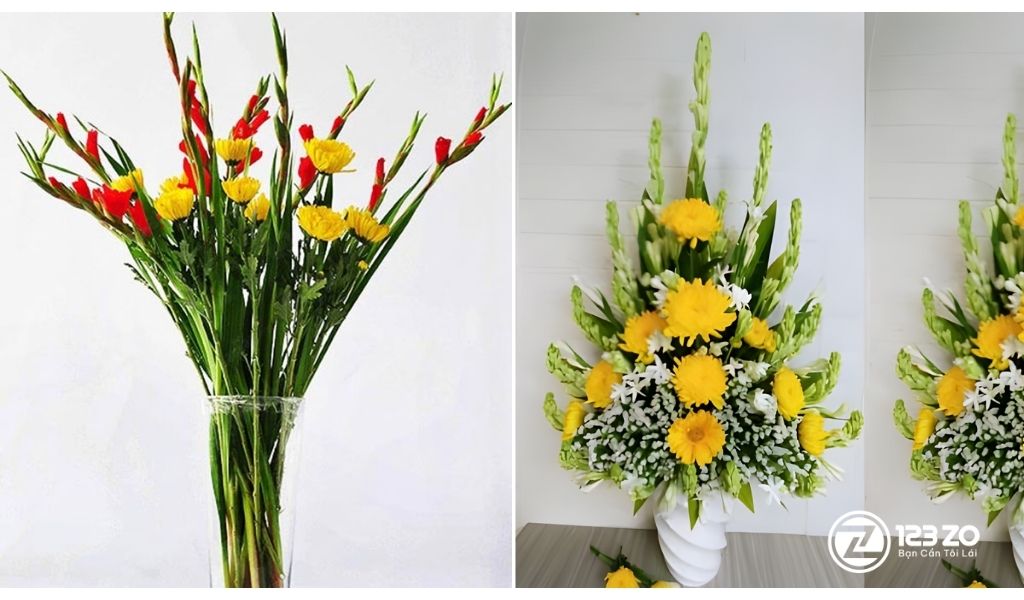 Hướng Dẫn 15 Cách Cắm hoa Ngày Tết Đẹp, Đơn Giản, Ai Cũng Làm Được 14 Hình ảnh hai bình hoa mix Cúc Vàng và Huệ Ta (Lay Ơn) trắng. Hướng dẫn cách cắm hoa ngày Tết với cúc và huệ ta.