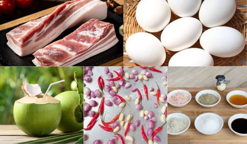 Nguyên liệu cần có cho CÁCH LÀM THỊT KHO HỘT VỊT (KHO TÀU): Thịt ba chỉ, trứng vịt, nước dừa, hành, ớt và gia vị.