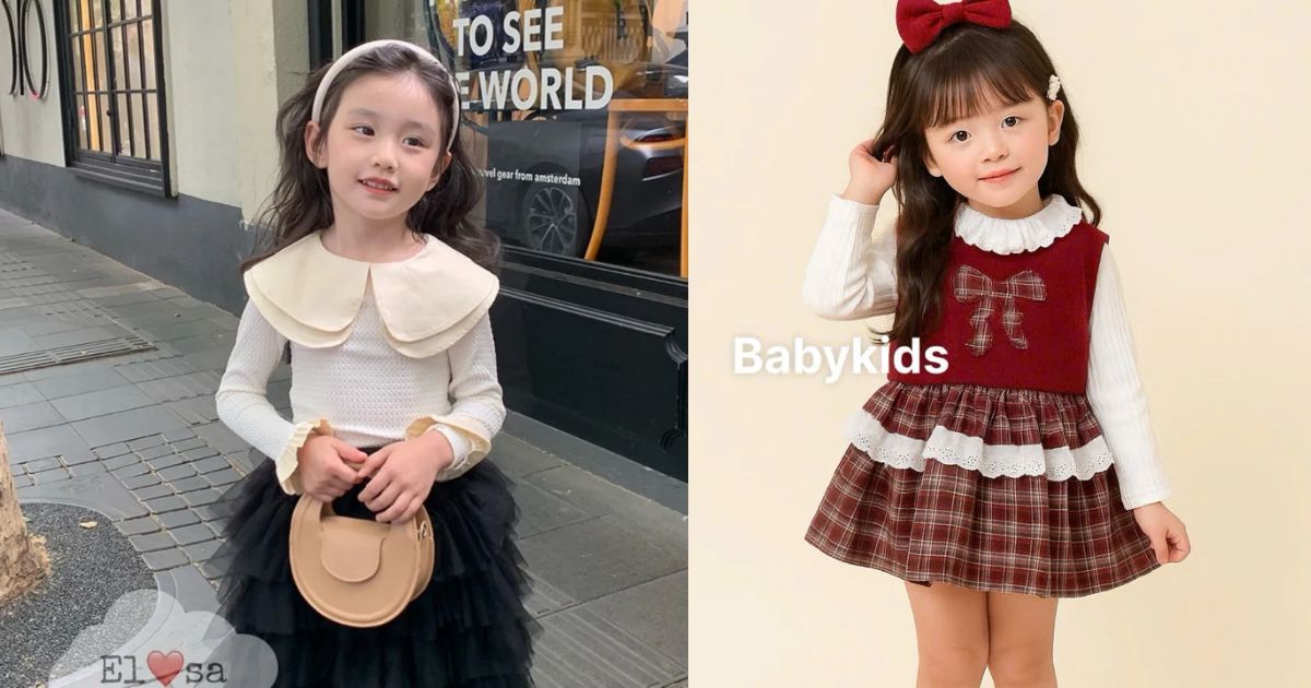 Gợi ý phối đồ Tết cho bé gái 2025 – Xinh xắn, dễ thương, lên hình cực đẹp 8 Set áo cổ Peter Pan + chân váy ren cho bé (Ảnh: Sưu tầm Internet)