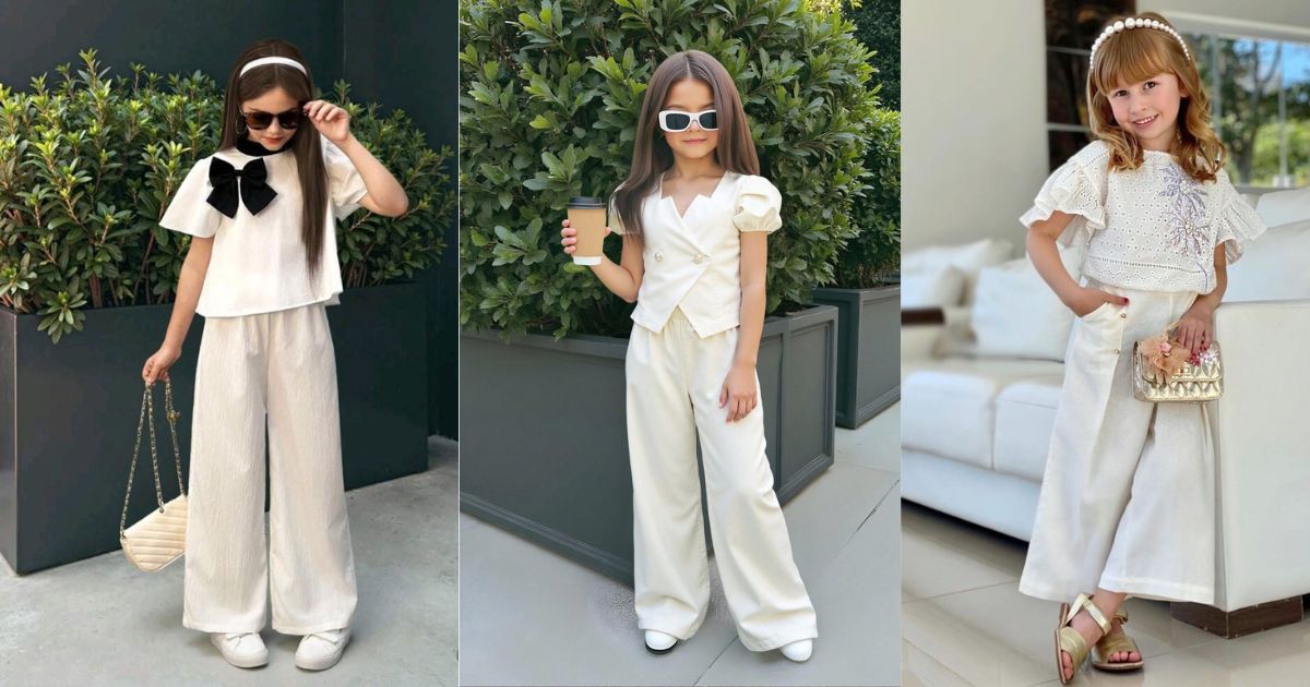 Gợi ý phối đồ Tết cho bé gái 2025 – Xinh xắn, dễ thương, lên hình cực đẹp 6 Set áo crop tay bồng + quần ống suông cho bé (Ảnh: Sưu tầm Internet)