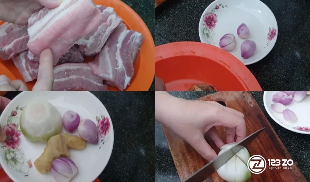 Sơ chế nguyên liệu: Thịt ba chỉ, hành tây, gừng, tỏi, ớt. CÁCH LÀM THỊT BỎ MẮM cần sơ chế kỹ để khử mùi hôi.