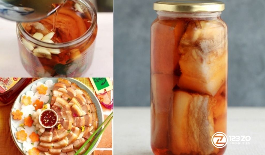 Tiến hành bỏ thịt vào mắm và ngâm trong hũ thủy tinh, sau đó cắt lát để thưởng thức món Thịt Bỏ Mắm Tết.