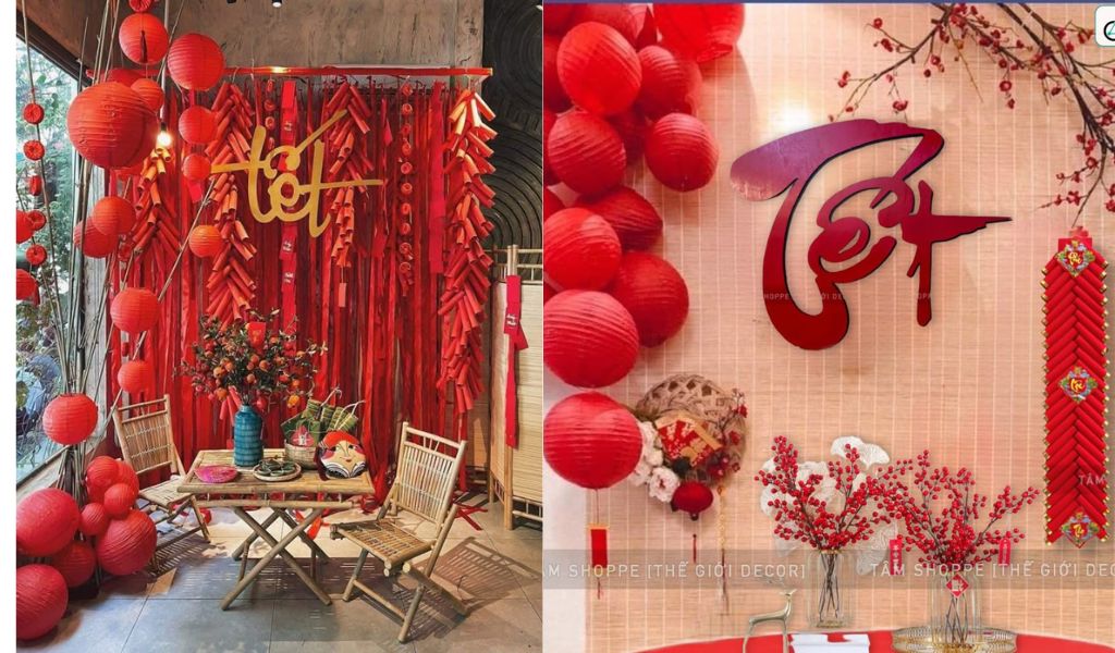 TOP 12 CÁCH TRANG TRÍ GÓC CHỤP ẢNH TẾT 2026 ĐẸP, THU HÚT TÀI LỘC 6 Trang trí góc chụp ảnh Tết ấm cúng với tông màu đỏ, lồng đèn giấy và phông nền pháo giấy, tạo cảm giác sum vầy, gần gũi.