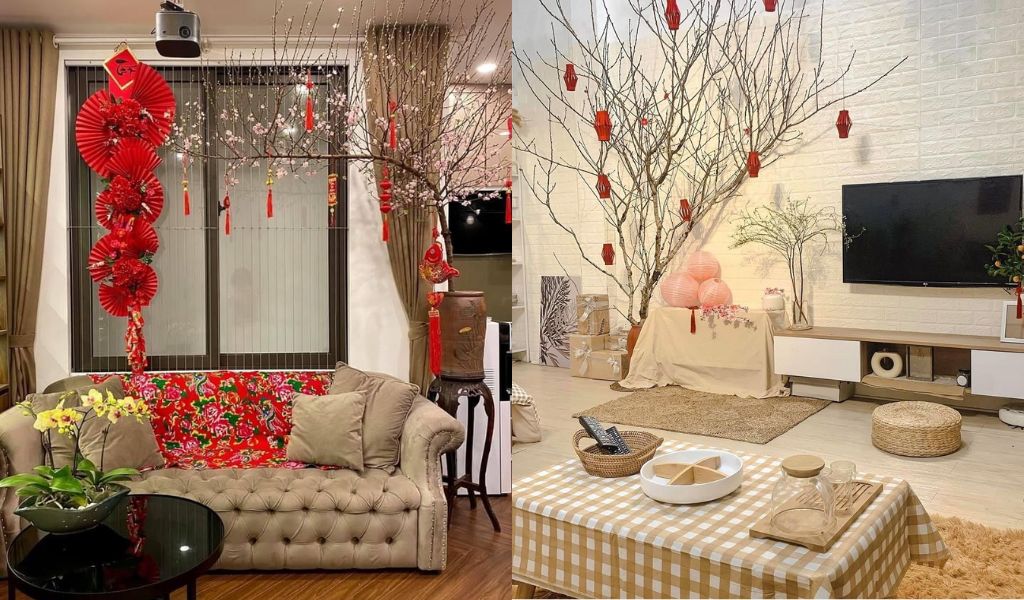 TOP 12 CÁCH TRANG TRÍ GÓC CHỤP ẢNH TẾT 2026 ĐẸP, THU HÚT TÀI LỘC 13 Trang trí góc chụp ảnh Tết sang trọng trong không gian hiện đại, sử dụng ánh sáng và cành cây lớn để tạo điểm nhấn tinh tế.