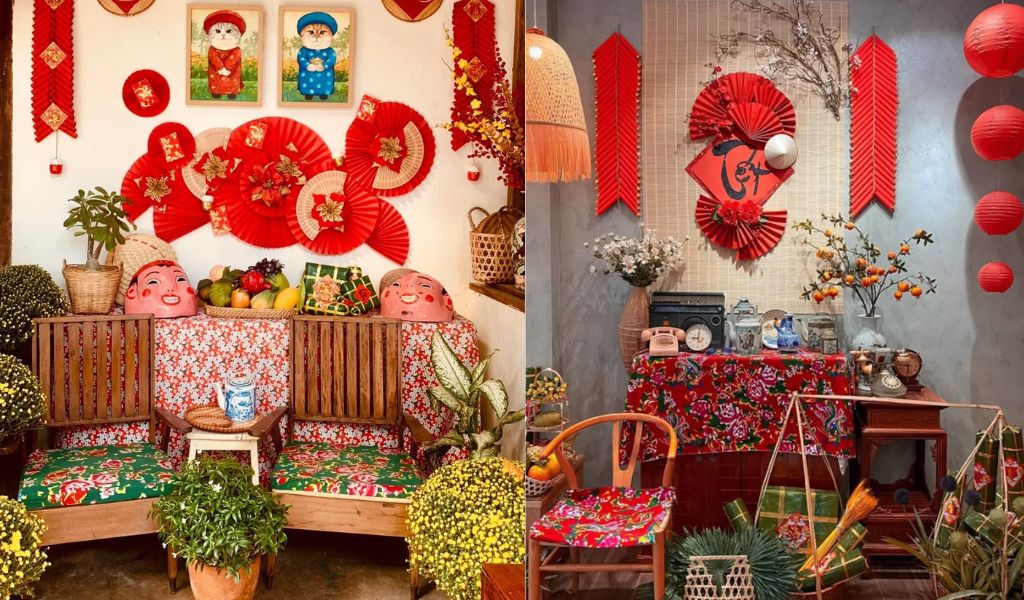 TOP 12 CÁCH TRANG TRÍ GÓC CHỤP ẢNH TẾT 2026 ĐẸP, THU HÚT TÀI LỘC 3 Trang trí góc chụp ảnh Tết theo phong cách truyền thống với tranh, quạt giấy đỏ và các vật dụng, hoa văn cổ điển, tạo nên không khí đậm chất Tết Việt.