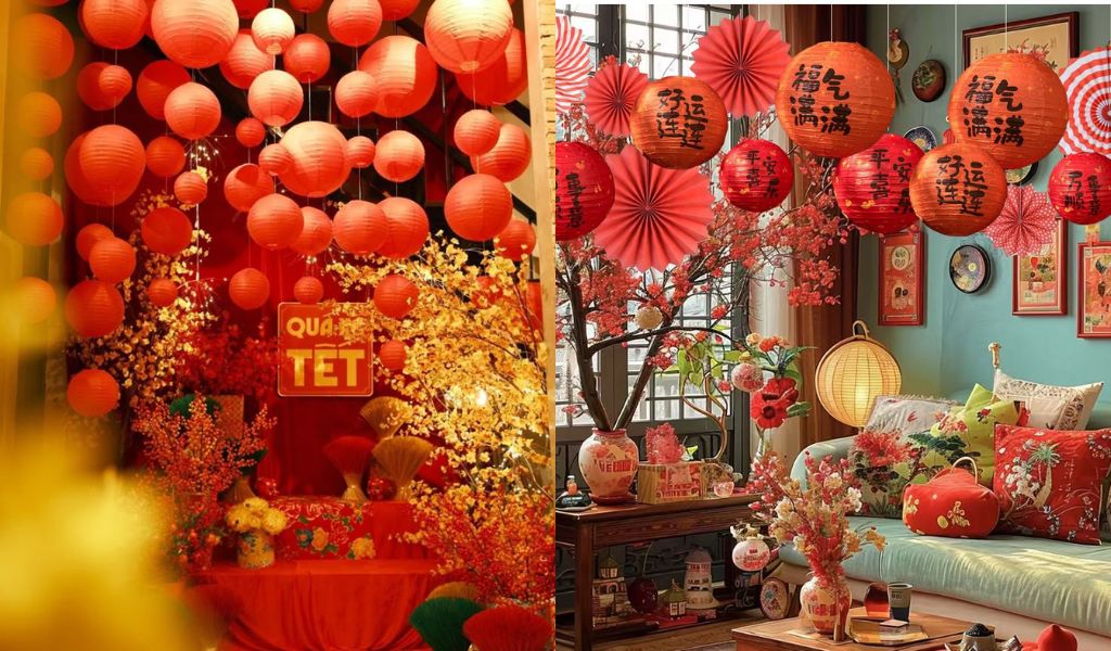TOP 12 CÁCH TRANG TRÍ GÓC CHỤP ẢNH TẾT 2026 ĐẸP, THU HÚT TÀI LỘC 12 Trang trí góc chụp ảnh Tết rực rỡ với mật độ lồng đèn đỏ lớn, kết hợp với hoa mai vàng và các vật phẩm trang trí có chữ Hán mang ý nghĩa may mắn.